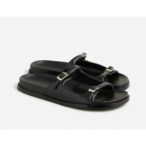 J Crew Leather Sandal 10 Black Metal Buckle Slip On Preppy Neutral Colbie Resort - Picture 1 of 10